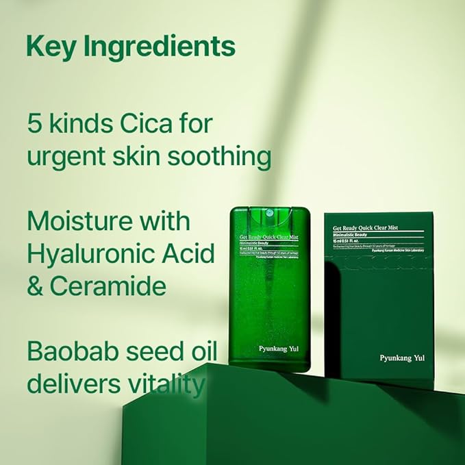 Pyunkang Yul PKY Ultimate Get Ready Quick Clear Mist for Sensitive Skin, Intensely Calms & Soothes Redness with Cica & Tea Tree, Compact size, Korean Skincare (0.51 Fl. oz, 15ml)-FemmiqueWomen