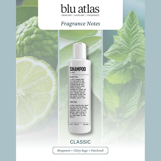 Blu Atlas Men's Natural Shampoo – Organic, Sulfate-Free, Paraben-Free – Deep Cleansing & Hydrating – Classic Scent (Bergamot, Sage, Patchouli) – Made in America– 8 oz-FemmiqueWomen