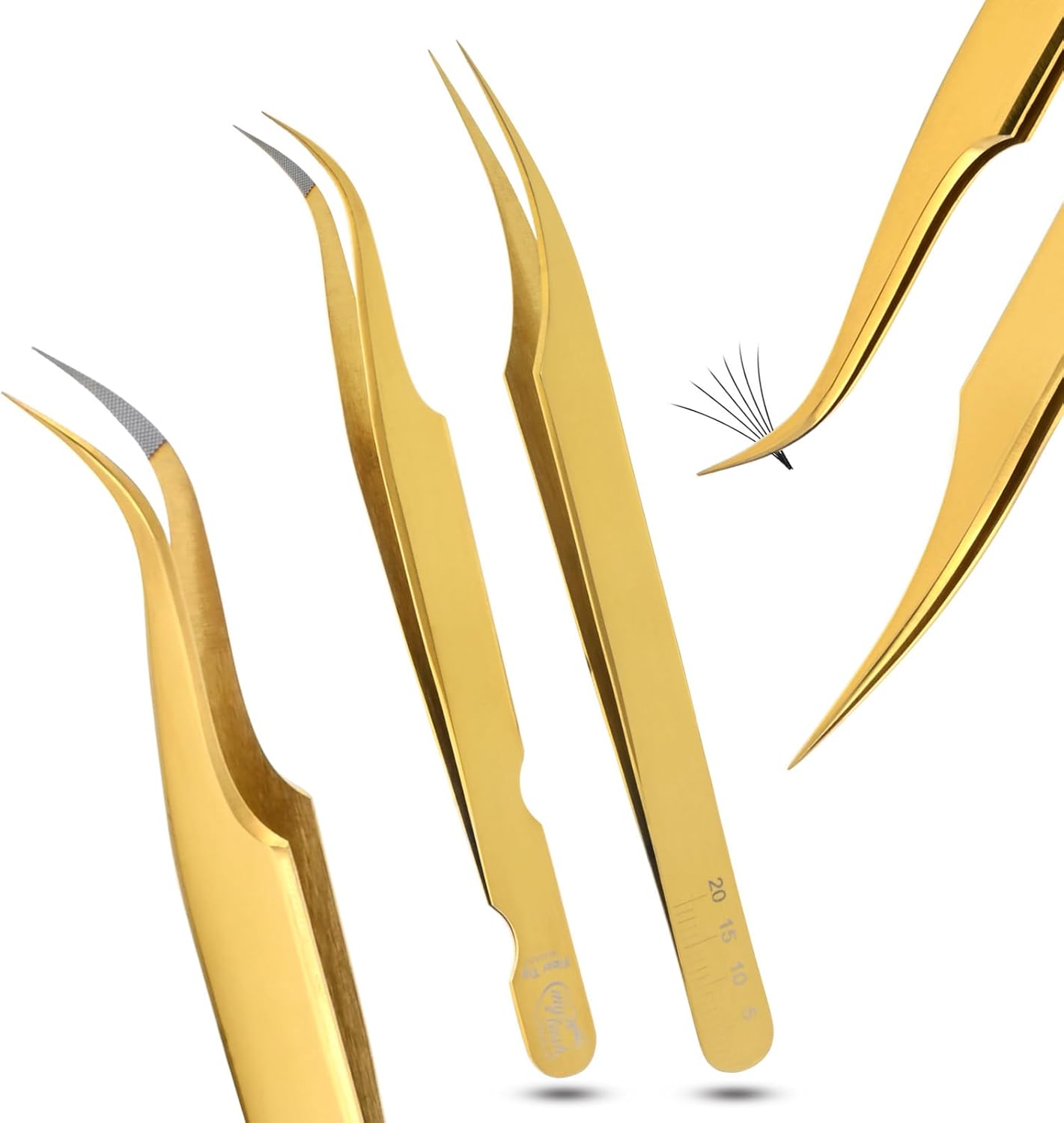 2Pcs Fiber Tip Grip Boot Volume Tweezers and Dolphin Isolation Eyelash Tweezers Set Professional Precision Mink Lashes Fan Making Mega Volume Boot Lashing Tweezers (Gold Set)-FemmiqueWomen