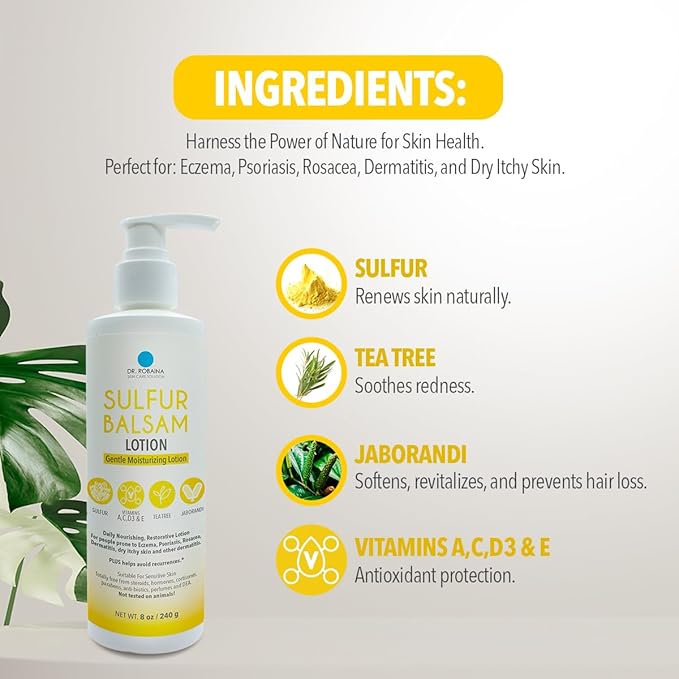 Dr. Robaina Sulfur Balsam Lotion – Lightweight Moisturizer for Dry, Flaky & Itchy Skin – Calms Redness, Supports Skin Barrier & Locks Hydration – Shea Butter & Tea Tree – 8 fl oz, USA Made-FemmiqueWomen