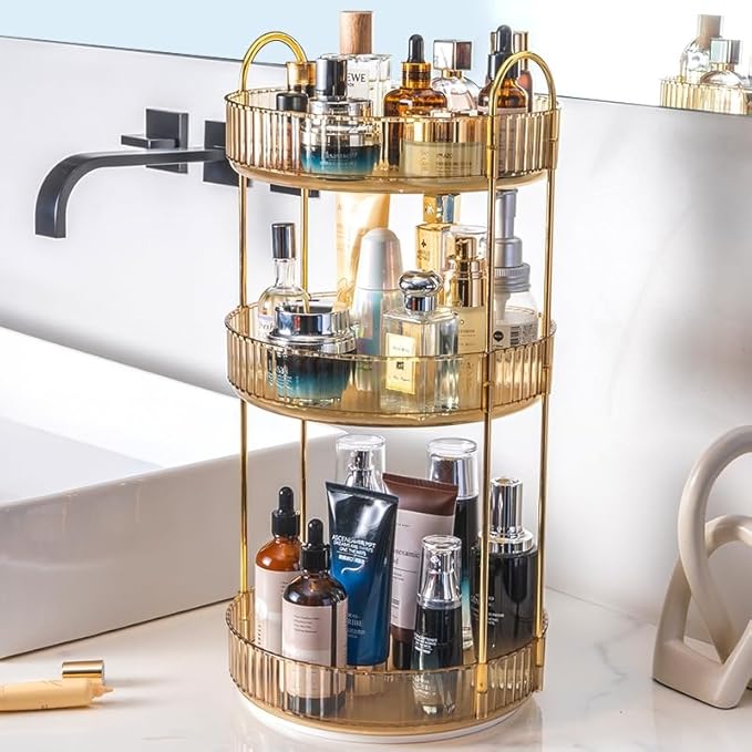 360 Rotating Makeup Organizer - High-Capacity Skincare & Cosmetics Organizer for Vanity, Bathroom or Dresser (3 Tiers, Amber)-FemmiqueWomen