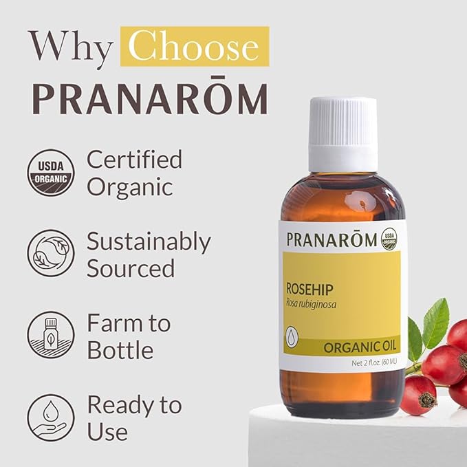 Pranarom - USDA Certified Organic Cold-Pressed Rosehip Virgin Plant Oil - 2 fl oz Glass Bottle - for Anti-Aging, Helps Acne Scar, Massaging, Face, Hair & Skin, Unisex-FemmiqueWomen