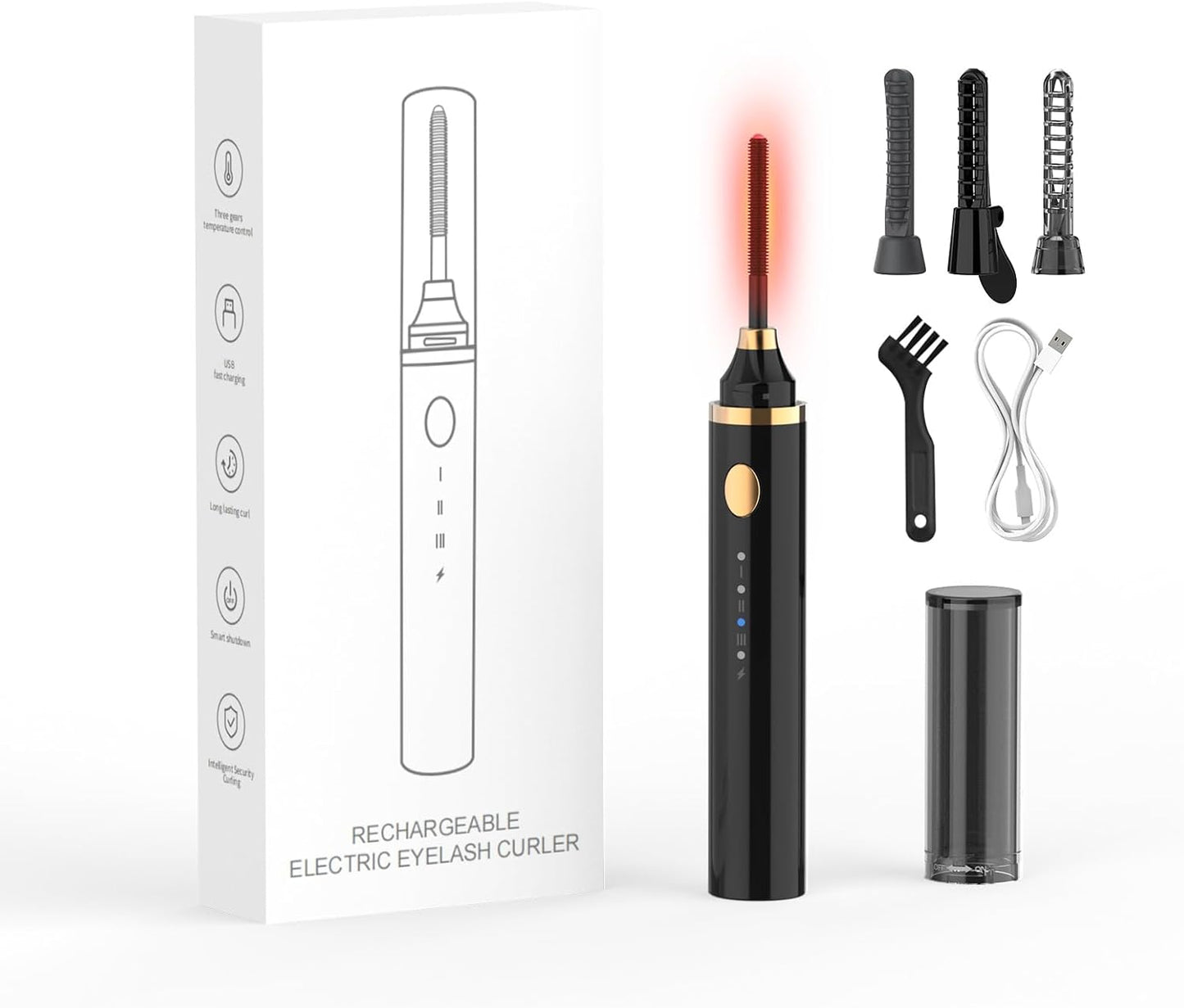 Smiling Shark Heated Eyelash Curler, 2025 New 360°Wand-Style Heated Lash Brush Rechargeable with 3 Brush Heads & 3 Temp 【Lengthen/Define/Curler】 3-in-1 Lash Curler for All Types of Lashes, Black-FemmiqueWomen