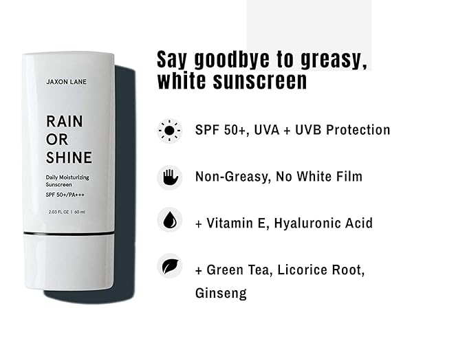 RAIN OR SHINE Anti Aging Face Sunscreen SPF 50 for Clear Skin with Green Tea, Hyaluronic Acid, Vitamin E Oil, Ginseng Extract, Licorice Root – SPF Moisturizer for Face, Fragrance Free 2.03 Oz-FemmiqueWomen