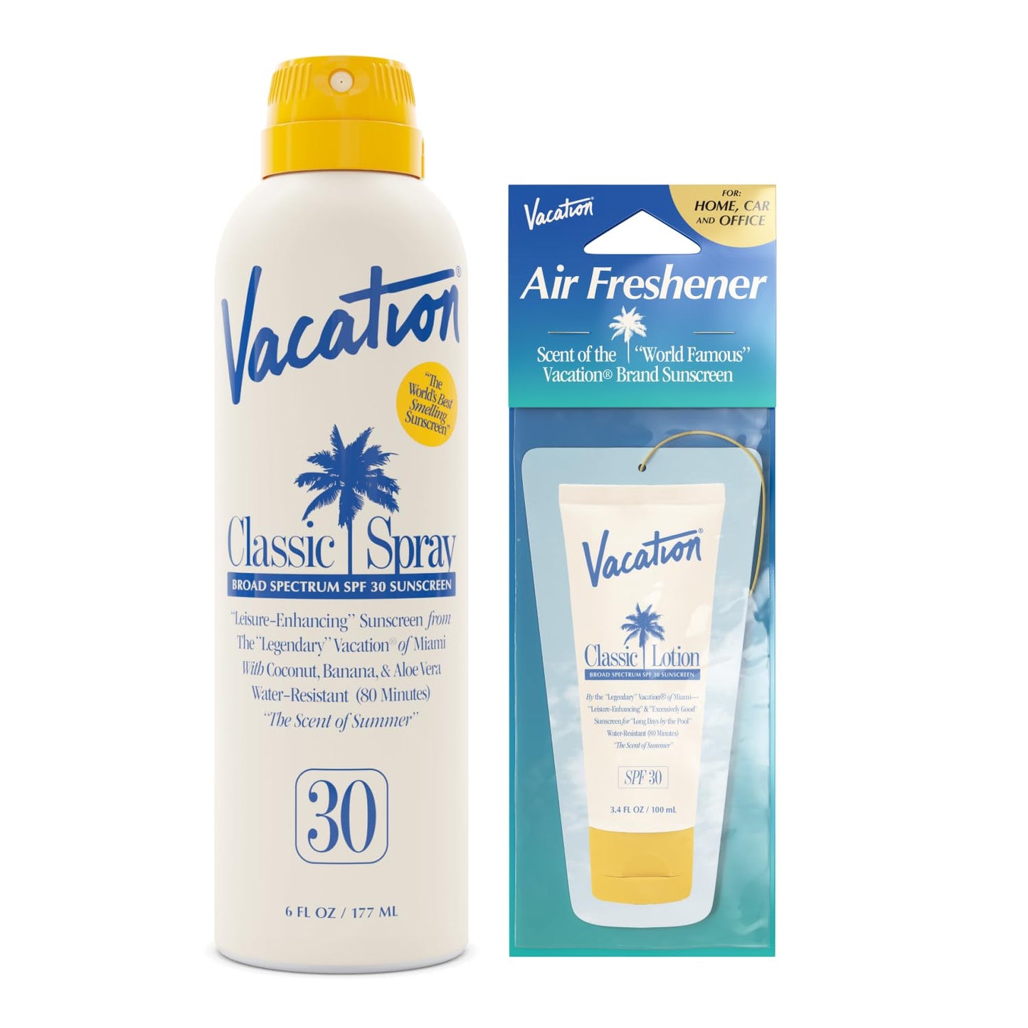 Vacation Classic Sunscreen Spray SPF 30 & Air Freshener Bundle, Water-Resistant, Lightweight, Transparent on All Skin Tones, Dermatologist-Tested, Vegan, 6 Fl. Oz.-FemmiqueWomen