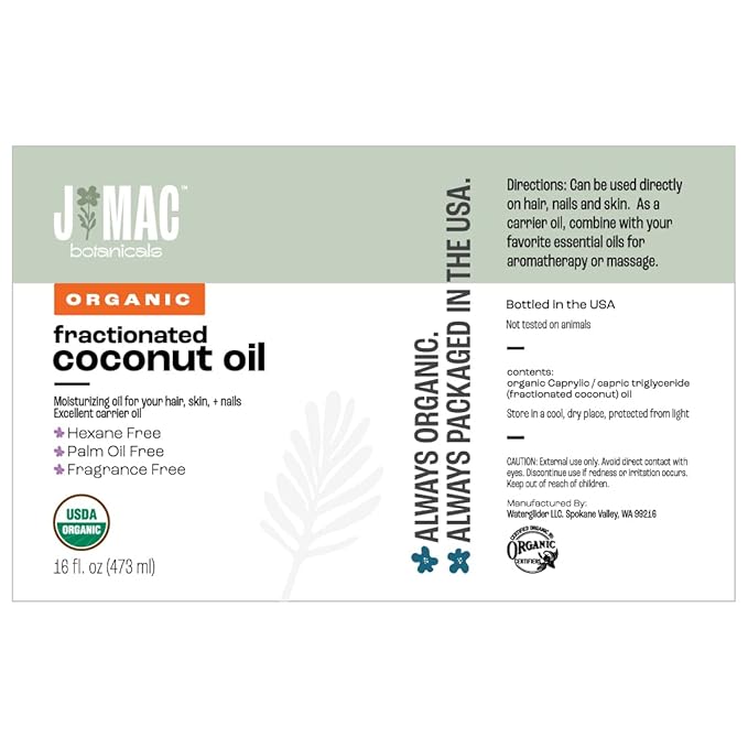 J MAC BOTANICALS Organic Fractionated Coconut Oil (16 Ounce Glass Bottle) Organic Carrier Oil and for DIluting Essential Oils, Moisturizer, Hair Care-FemmiqueWomen