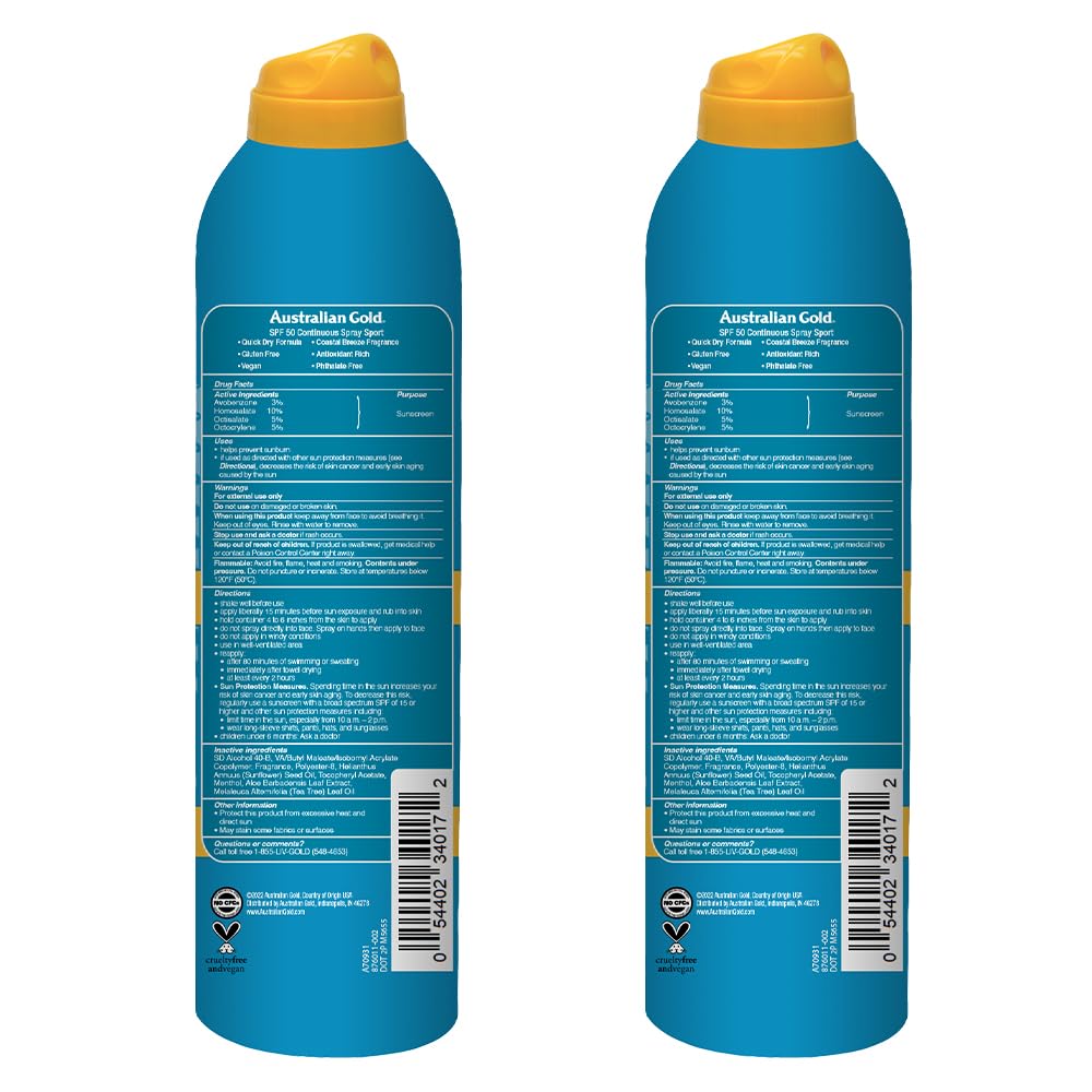 Australian Gold Extreme Sport Continuous Spray Sunscreen SPF 50, 6 Ounce - 2 Pack, Broad Spectrum, Sweat & Water Resistant, Non-Greasy, Vegan, PETA-Approved, Coastal Breeze Scent-FemmiqueWomen