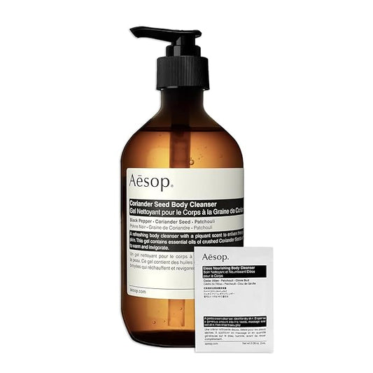 Aesop Coriander Seed Body Cleanser | Refreshing & Invigorating | Spicy, Woody, Warm | 16.9 oz / 500mL + Eleos Nourishing Body Cleanser Sample-FemmiqueWomen