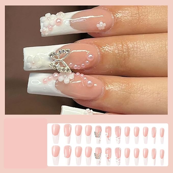Long Coffin False Nails White French Press on Nails Pearl Butterfly Jewelry Nails Tips Acrylic Cute Fake Nails for Women and Girls 24Pcs