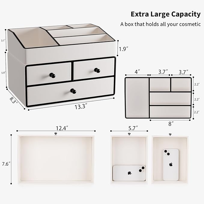 GORESE Leather Makeup Organizer with Drawers for Vanity, Stackable Skincare Holder Dresser Organizer Countertop, Make Up Storage Organizers Counter Cosmetic Display Case Gifts for Women(Cream White)-FemmiqueWomen