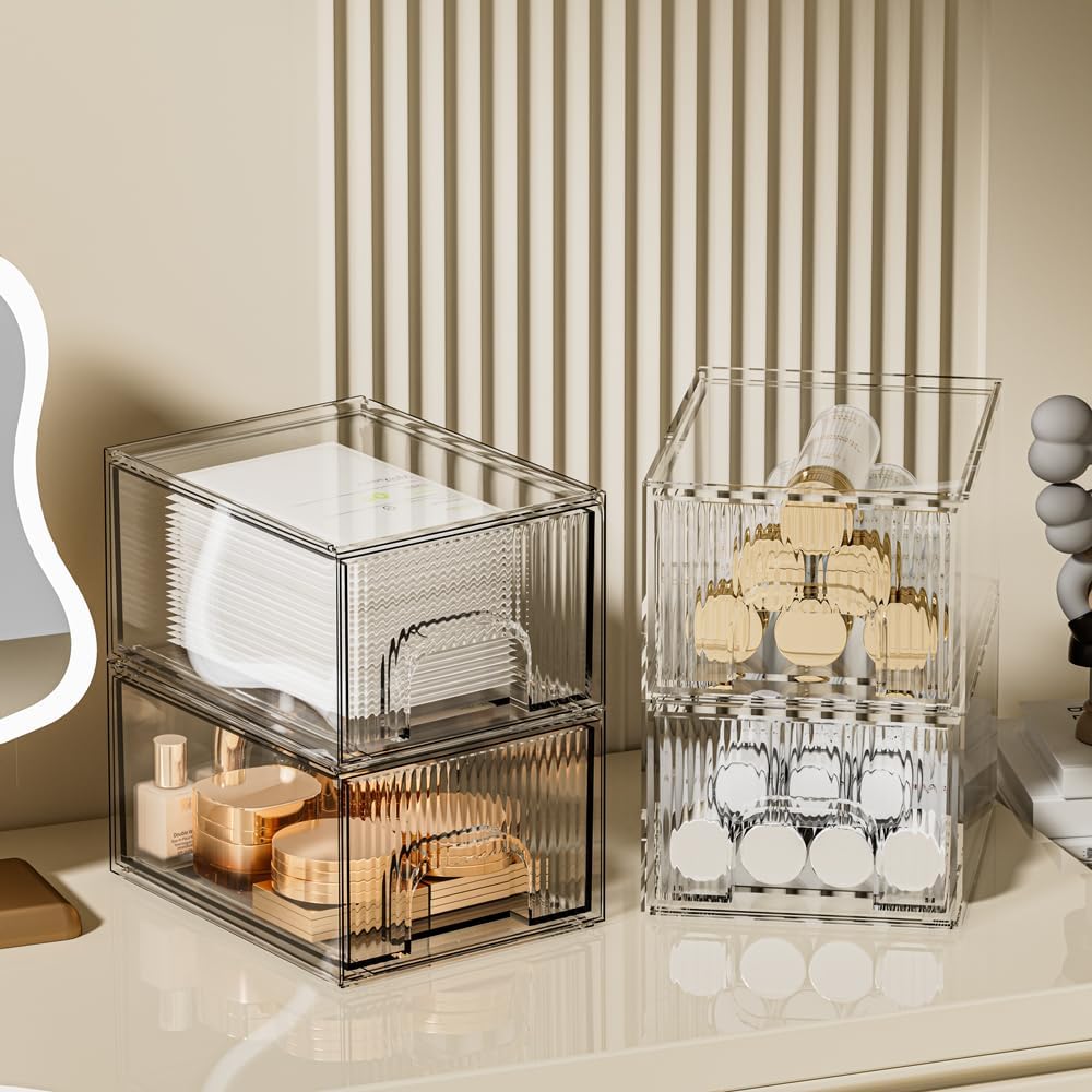 ZHIAI 4 Pack Clear Stackable Storage Drawer, Acrylic Drawer, Cosmetic Organizer, Plastic Organizer for Dresser, Under, Kitchen Cabinet, Pantry, Home Organization and Storage-FemmiqueWomen