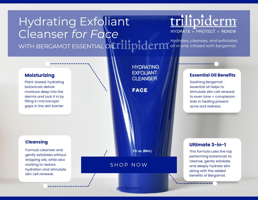 Trilipiderm Hydrating Exfoliant Cleanser – 3-in-1 Face Cleanser, Scrub & Hydrator, Fragrance-Free, Daily Facial Cleanser, Travel Size 3 Ounce Tube-FemmiqueWomen