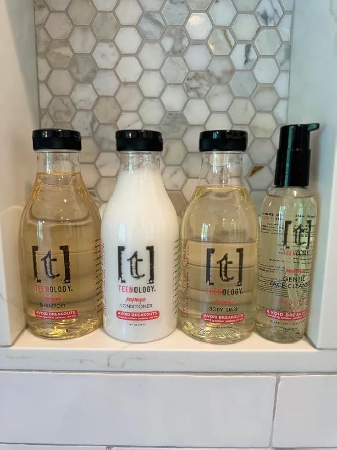 Teenology Shampoo for Teens - Avoid Forehead and Body Acne - No Sulfates or Parabens, Noncomedogenic, Natural Botanical Extracts, 16 oz. (Fresh Papaya)-FemmiqueWomen