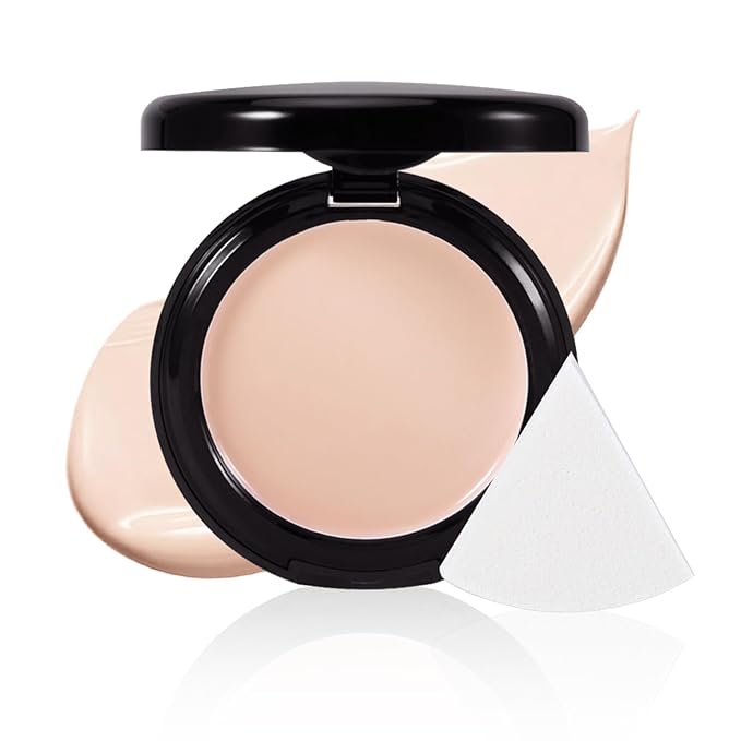 Powder Foundation,Long Wear Full Coverage Foundation with Sponge,Flawess Demi-Matte Finish,Brighten Correcting Color-FemmiqueWomen