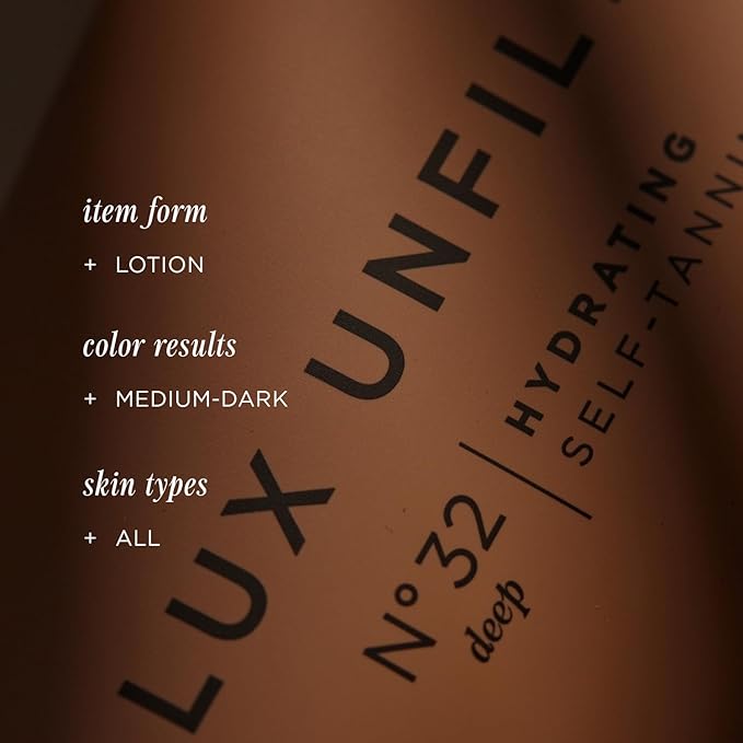 '+ Lux Unfiltered N°32 Deep Gradual Self Tanner, Hydrating Self Tanning Lotion with Shea Butter & Squalane - Non-Sticky, No Transfer, Natural-Looking Tan - Vegan & Cruelty-Free Sunless Tanner - Santal-FemmiqueWomen