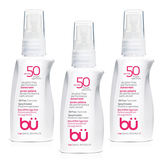 BU SPF 50 Sunscreen Spray for Face and Body, Non Aerosol Spray, TSA Travel Size Sunscreen, Clear, Non Greasy, Water Resistant, White Sage 1 oz (3 Pack)-FemmiqueWomen