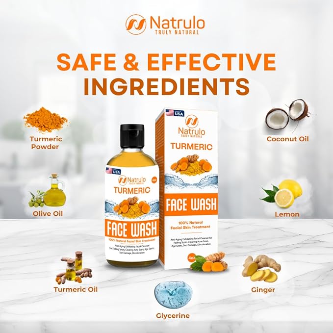 Natrulo Turmeric Face Wash, 4oz Clear Skin Liquid Soap – 100% Natural Anti Aging Exfoliating Turmeric Facial Cleanser for Fading Spots, Clearing Acne Scars, Age Spots, Sun Damage, Discoloration-FemmiqueWomen