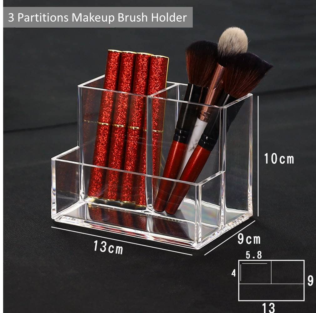 Acrylic Makeup Organizer Cosmetic Storage Makeup Display Case Makeup Brush Holder Lipstick Dispenser Canister Bathroom Container (5.1 x 3.5 x 3.9 in, 3 Partitions, Transparent)-FemmiqueWomen