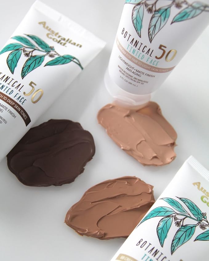 Australian Gold Botanical SPF 50 Tinted Mineral Sunscreen for Face, Non-Chemical BB Cream, Water-Resistant, Matte Finish, For Sensitive Facial Skin, Medium to Tan Skin Tones, 3 FL Oz-FemmiqueWomen
