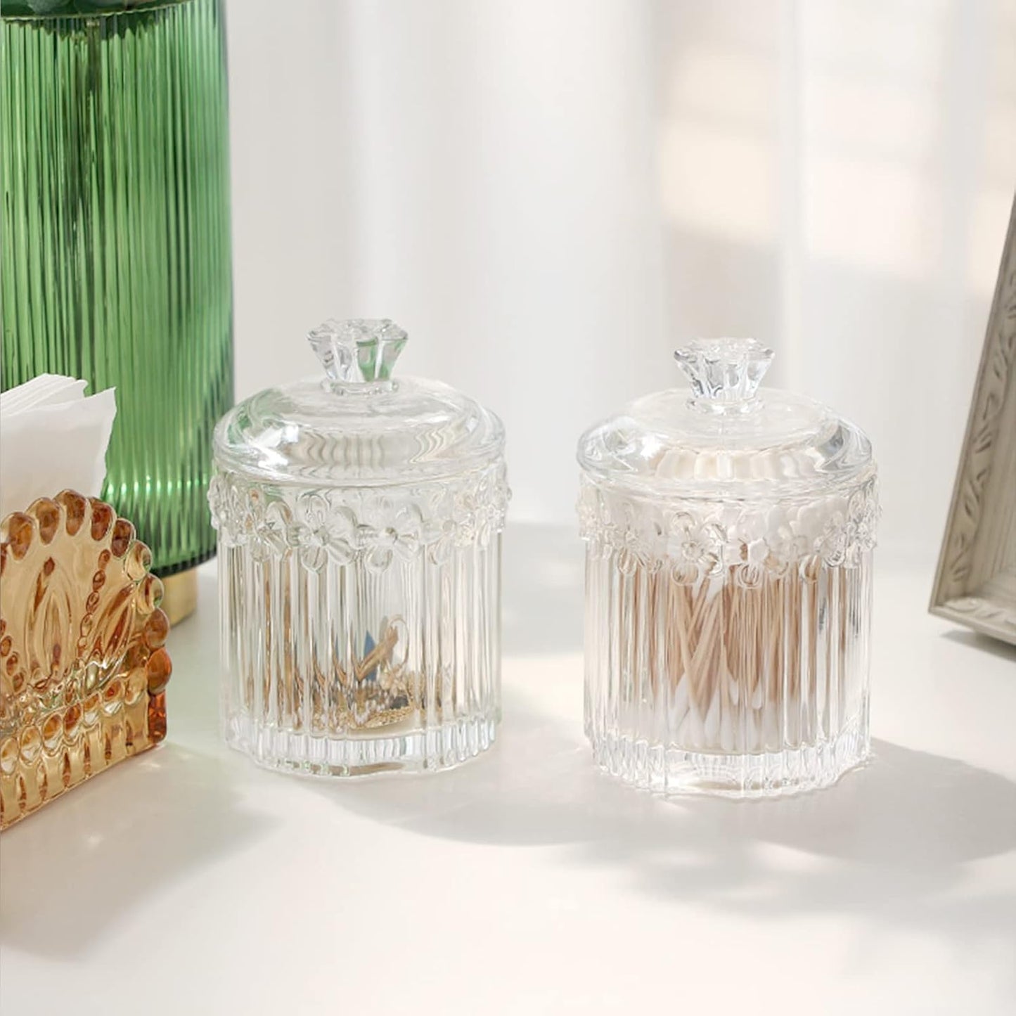 2 Pack Qtip Holder Glass Apothecary Jars with Lids Bathroom Accessories Vanity Organizers and Makeup Storage Canister for Cotton Swabs, Balls, Pads, Floss Picks, Candy, Clear-FemmiqueWomen