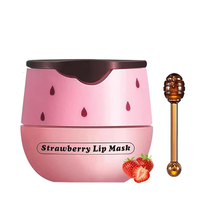 1 PCS Bee Lip Balm Lip Mask Honey Pot, Strawberry Moisturizing Sleeping Lip Mask Overnight with Sticks, Lip Balm Honey Pot Lip Balm Hydrating Prevention Dry and Crack Lip Scrubs Exfoliator-FemmiqueWomen