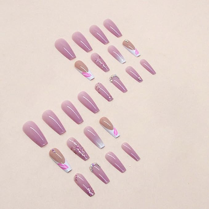 Long Coffin False Nails French Press on Nails Gradient Nails Tips Acrylic Cute Swirl Fake Nails for Women and Girls 24Pcs