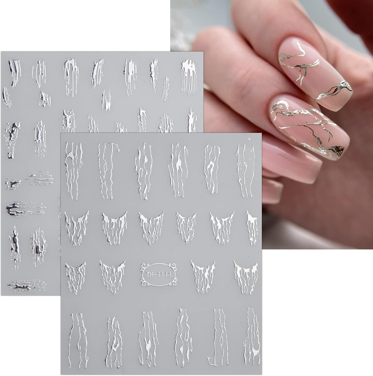 JMEOWIO 9 Sheets Marble Line Nail Art Stickers Decals Self-Adhesive Pegatinas Uñas Silver Nail Supplies Nail Art Design Decoration Accessories-FemmiqueWomen