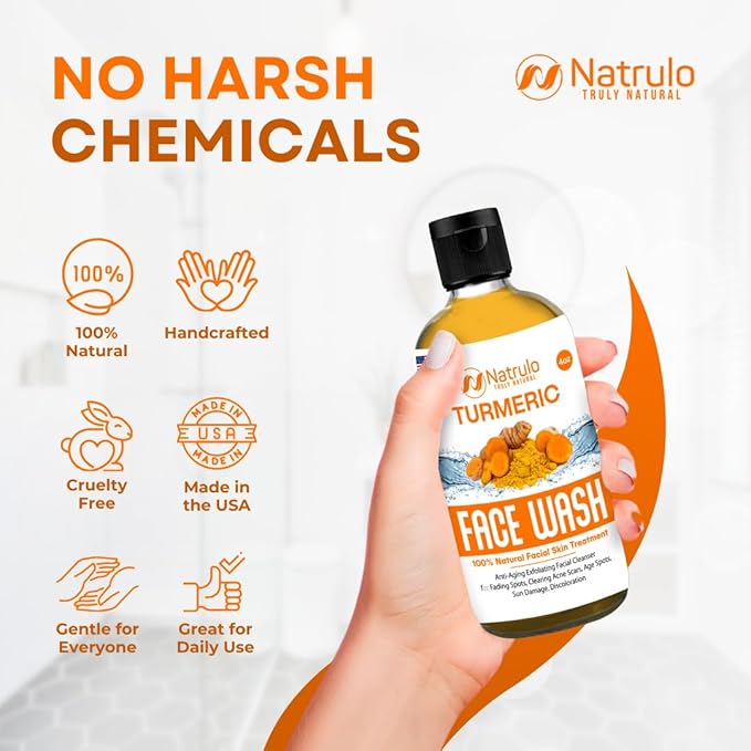 Natrulo Turmeric Face Wash, 4oz Clear Skin Liquid Soap – 100% Natural Anti Aging Exfoliating Turmeric Facial Cleanser for Fading Spots, Clearing Acne Scars, Age Spots, Sun Damage, Discoloration-FemmiqueWomen