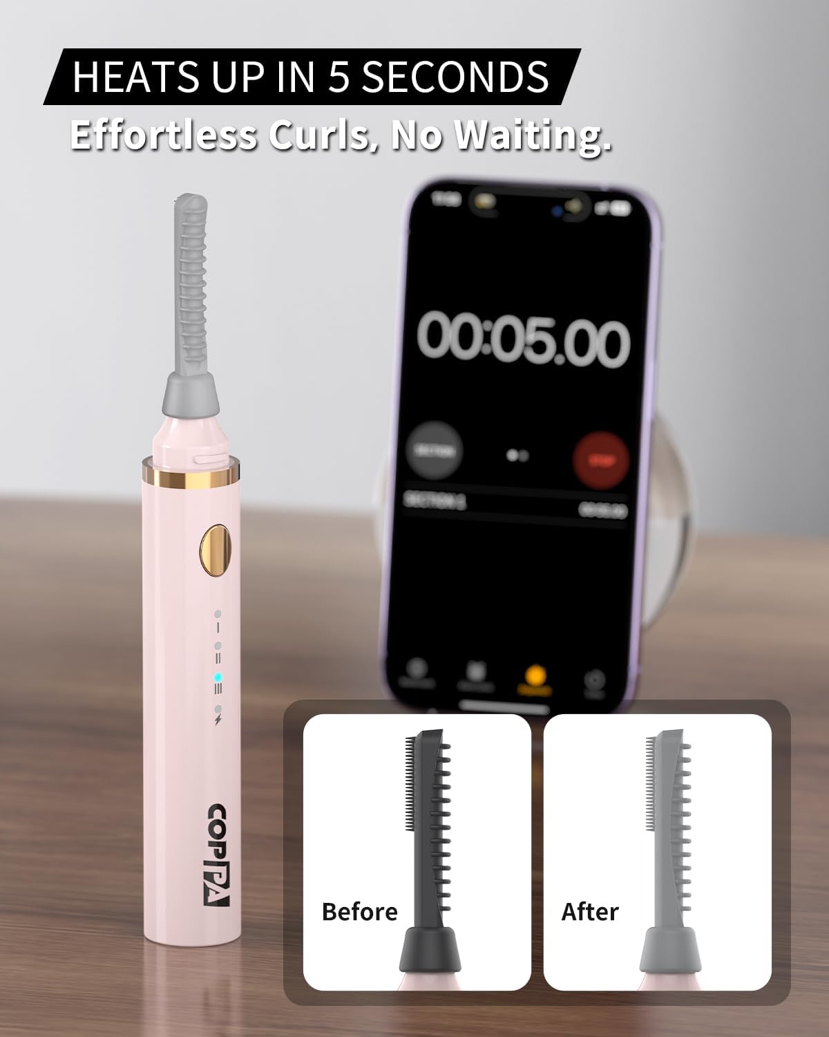 COPPA Electric Lash Curler, LP-1 Lipstick Type 3-in-1 Heated Eyelash Curler with 3 Brush Heads 3 Curling Modes and 3 Temp & 5s Quick Heat-up, Perfect for Beginners and Makeup Pros, Pink-FemmiqueWomen