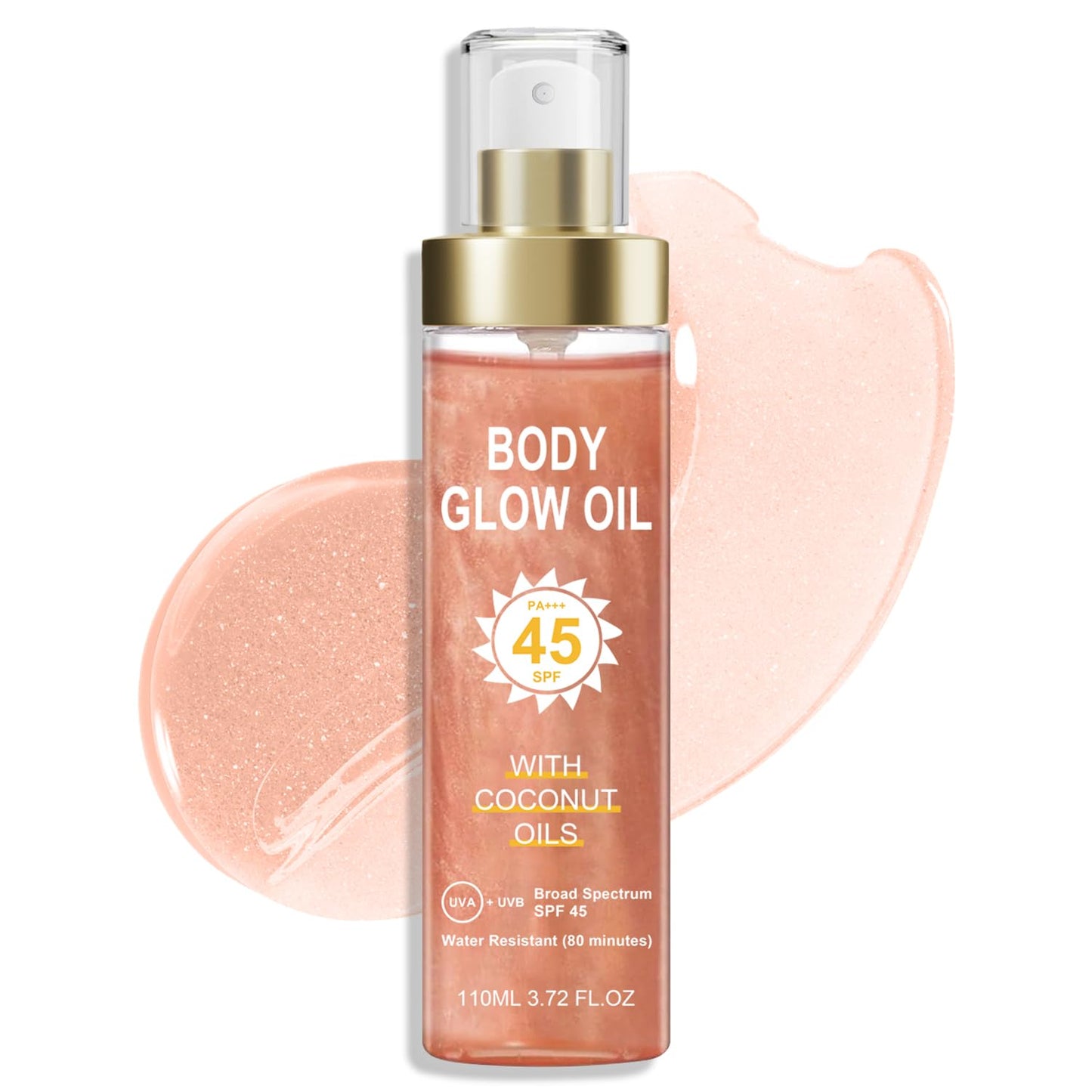 Body Glow Oil, Sunscreen Shimmer Oil, SPF 45 Broad Spectrum, Body Oil with with Coconut Oils, Moisturizing Glow for Face & Body, Liquid Illuminator Highlighter, Water Resistant, 3.72 fl oz (#02 ROSE)-FemmiqueWomen