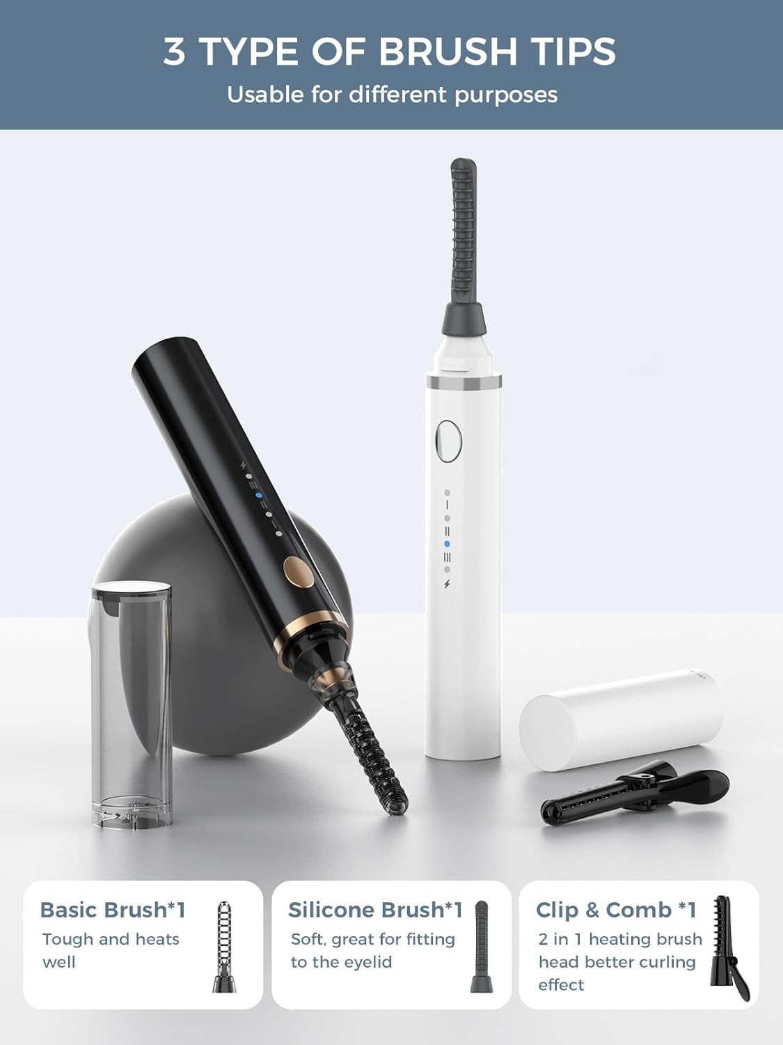 Smiling Shark Heated Eyelash Curler, 2025 New 360°Wand-Style Heated Lash Brush Rechargeable with 3 Brush Heads & 3 Temp 【Lengthen/Define/Curler】 3-in-1 Lash Curler for All Types of Lashes, Black-FemmiqueWomen