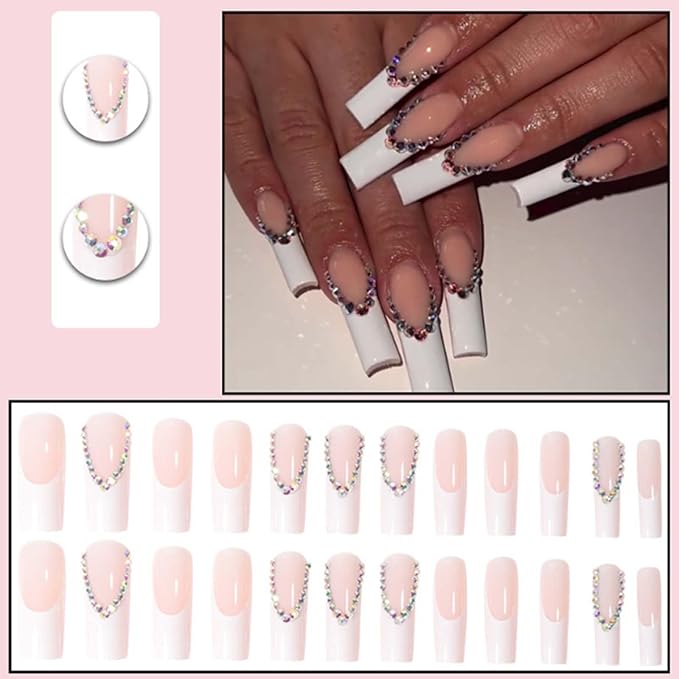 Long Coffin False Nails White French Press on Nails Crystal Gem Design Nails Tips Acrylic Cute Fake Nails for Women and Girls 24Pcs
