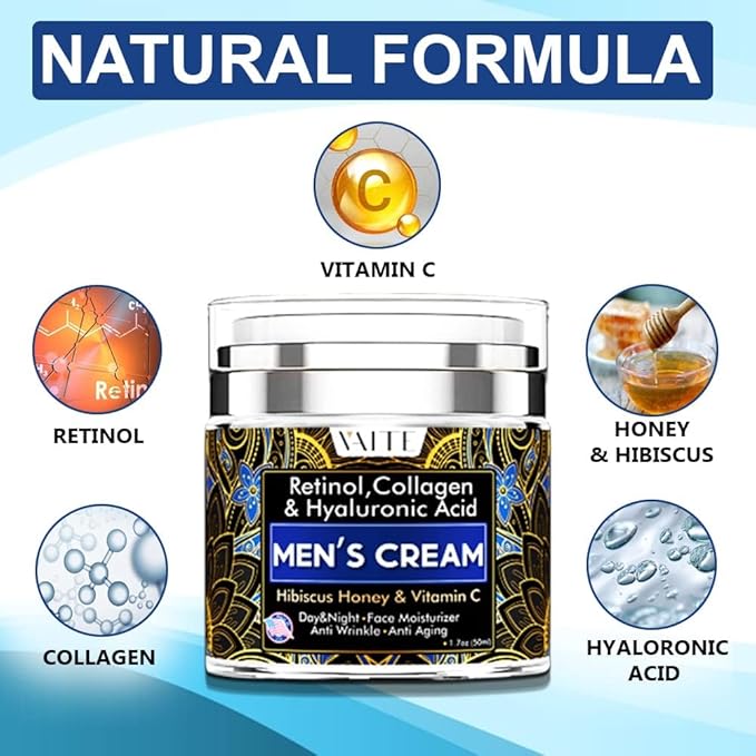 VAITE Mens Face Skin Moisturizer with Collagen, Retinol Ant-Aging, Anti-Wrinkle Under the Eyes Men's cream care for Face with Hibiscus & Honey, Hyaluronic acid, Vitamin C Made in USA-FemmiqueWomen