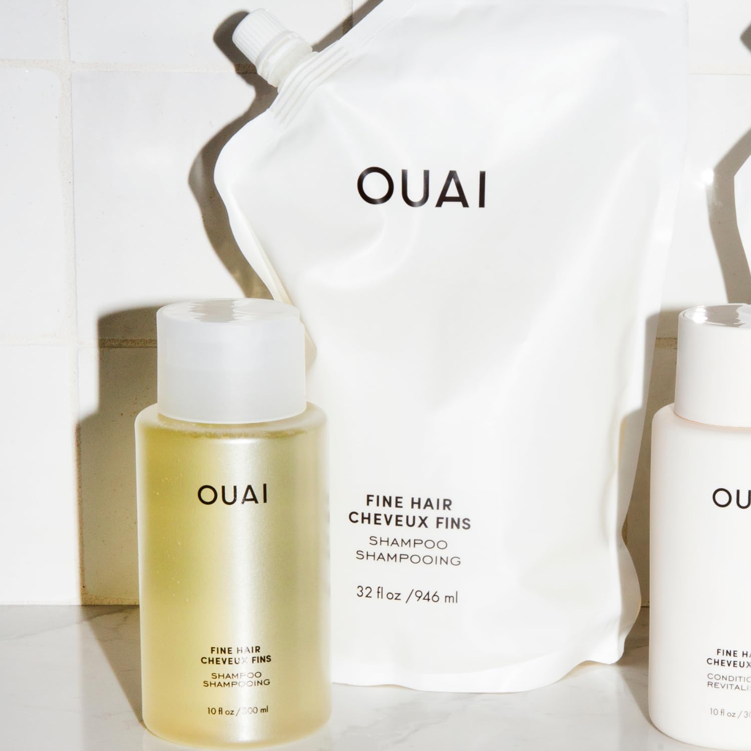 OUAI Fine Shampoo + Refill Bundle - Volumizing Shampoo with Keratin, Biotin & Chia Seed Oil for Fine Hair - Delivers Clean, Weightless Body - Sulfate Free Hair Care (2 Count, 10 Oz/32 Oz)-FemmiqueWomen