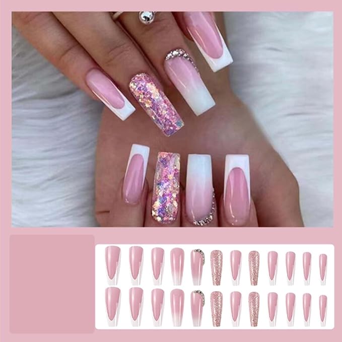 Long Coffin False Nails White French Press on Nails Gradient Nails Tips Acrylic Cute Glitter Fake Nails for Women and Girls 24Pcs