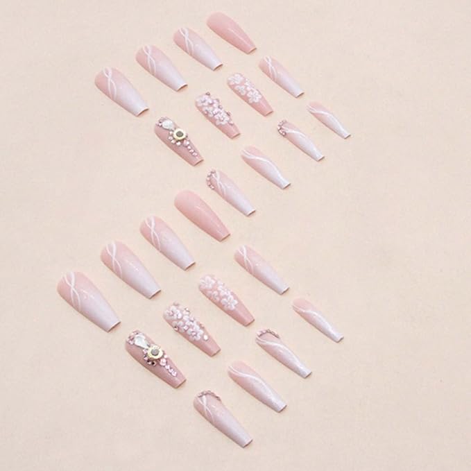 Long Coffin False Nails Gradient Press on Nails Daisy Nails Tips Acrylic Crystal Gem Design Fake Nails for Women and Girls 24Pcs