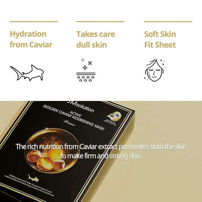 JMsolution Active Golden Caviar Nourishing Mask - Korean Skincare Facial Mask-Cavior extracted - collagen essense- 10 sheets for all skin type-FemmiqueWomen