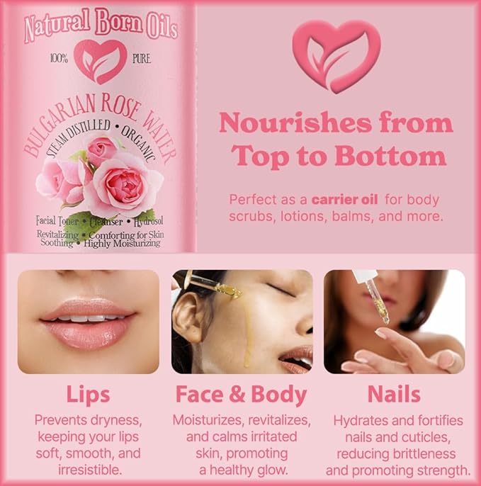Natural Born Oils 8oz Rose Water Hydrosol, 100% Pure and Natural, Organic, Steam-distilled, Facial Toner Cleanser, with Sprayer, 8-Rose-Water-FemmiqueWomen