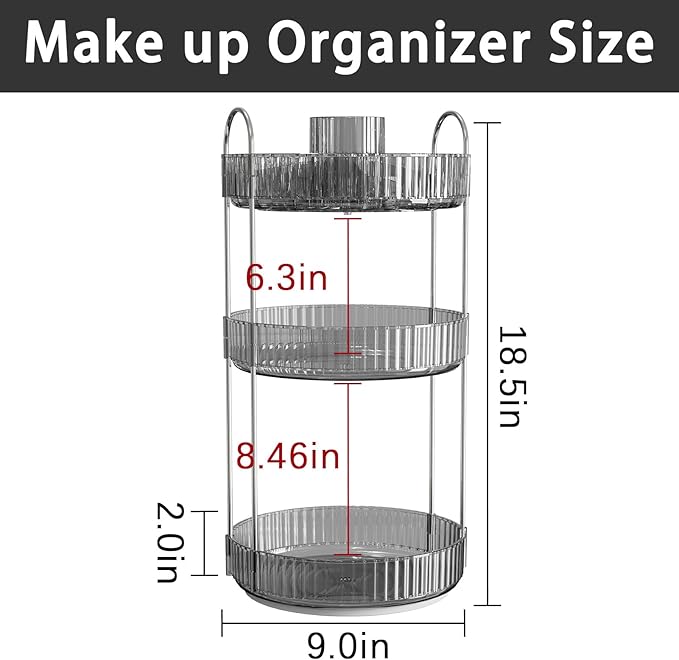 Rotating Makeup Organizer for Vanity, High-Capacity Skincare Clear Make Up Storage Perfume Organizers Cosmetic Dresser Organizer Countertop 360 Spinning (Gray, New-3 Tier)-FemmiqueWomen