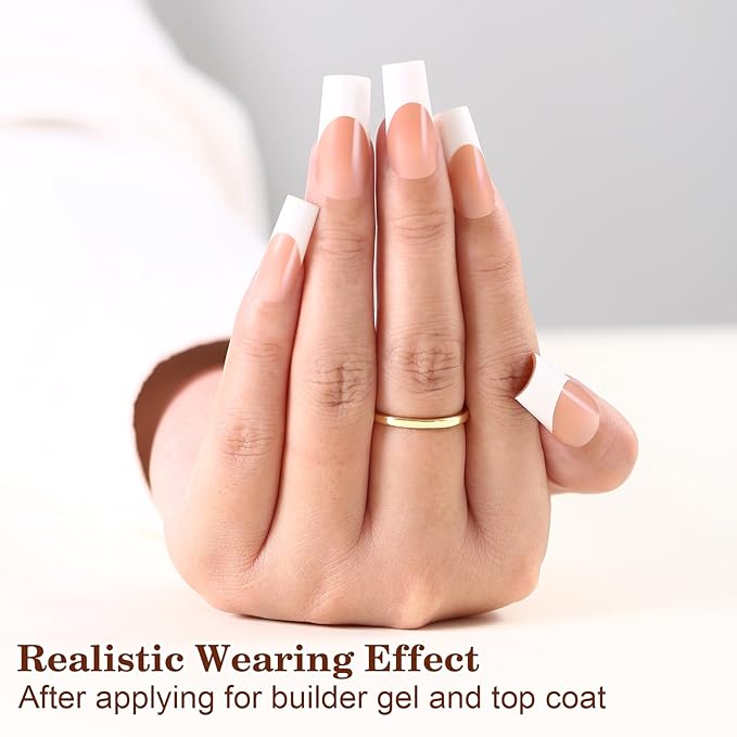 Long French Tip Press on Nails, 150pcs Soft Brown French Gel Nail Tips 15Sizes, Pre-lasting Soak Off Square Acrylic Fake Nails, No Need to File False Nail Tips Extension for Women Nail