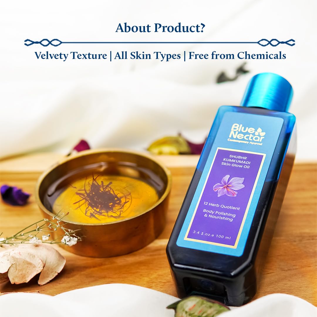 Blue Nectar Kumkumadi Body Oil for Glowing Skin | Moisturizing Oil for Dry Skin with Relaxing Aroma | Plant Based Body Oil for Women & Men (12 Herbs, 3.4 fl oz)-FemmiqueWomen