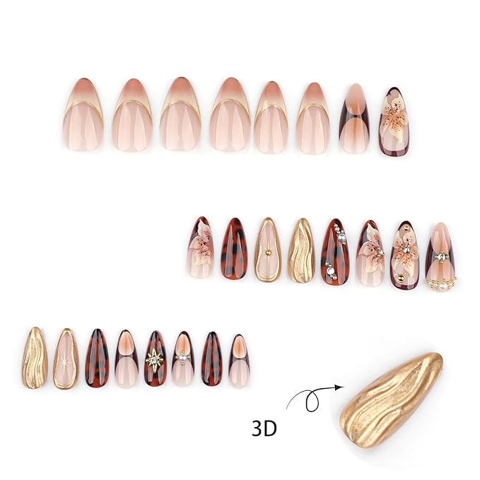 Long Almond Press on Nails Stiletto Fake Nails Relief Flower and Goldn Lines Press ons Handmade Nails Brown False Nails Pearls Rhinestones Acrylic Nails for Women Nail Art Decor 24 Pcs