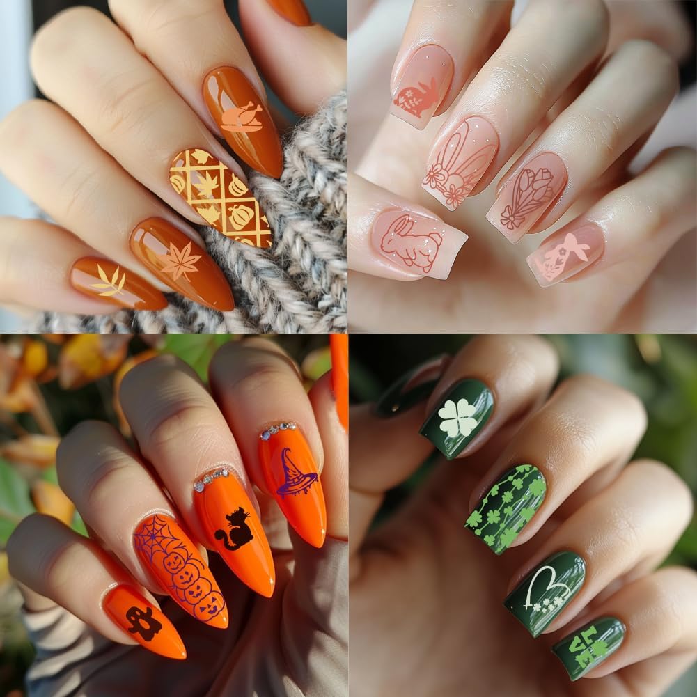 3Pcs Holiday Nail Stamping Plate Set Seasonal Halloween Christmas Nail Stamp Templates Valentine St. Patrick's Day Metal Reusable Tools with Stamper Scraper for Manicure Printing-FemmiqueWomen