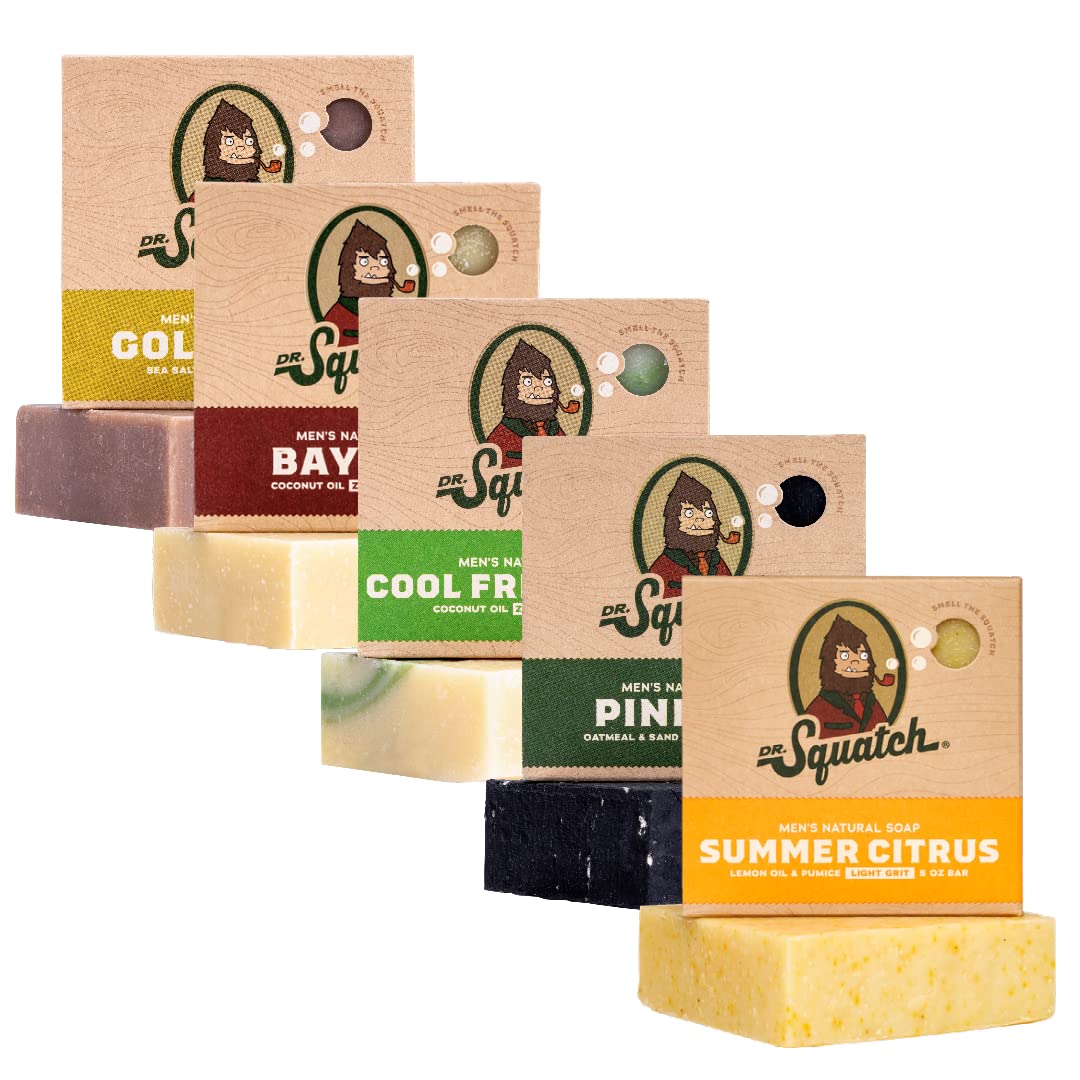 Dr. Squatch Natural Bar Soap for Men - Cold Process Soap with No Harsh Chemicals - Summer Citrus, Cool Fresh Aloe, Gold Moss, Bay Rum & Pine Tar (5 oz, 5-Pack)-FemmiqueWomen