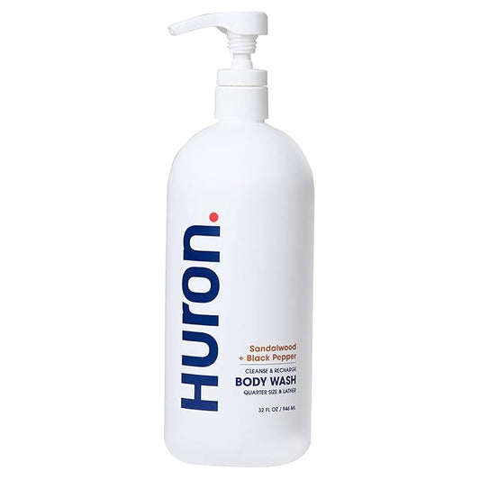 Huron Men’s Moisturizing Body Wash - Clean & Woody Scent of Sandalwood, Black Pepper, Cedarwood, & Amber - Made With Coconut Oil, Vitamin E & Witch Hazel - Vegan, Cruelty-Free - 32 fl oz-FemmiqueWomen
