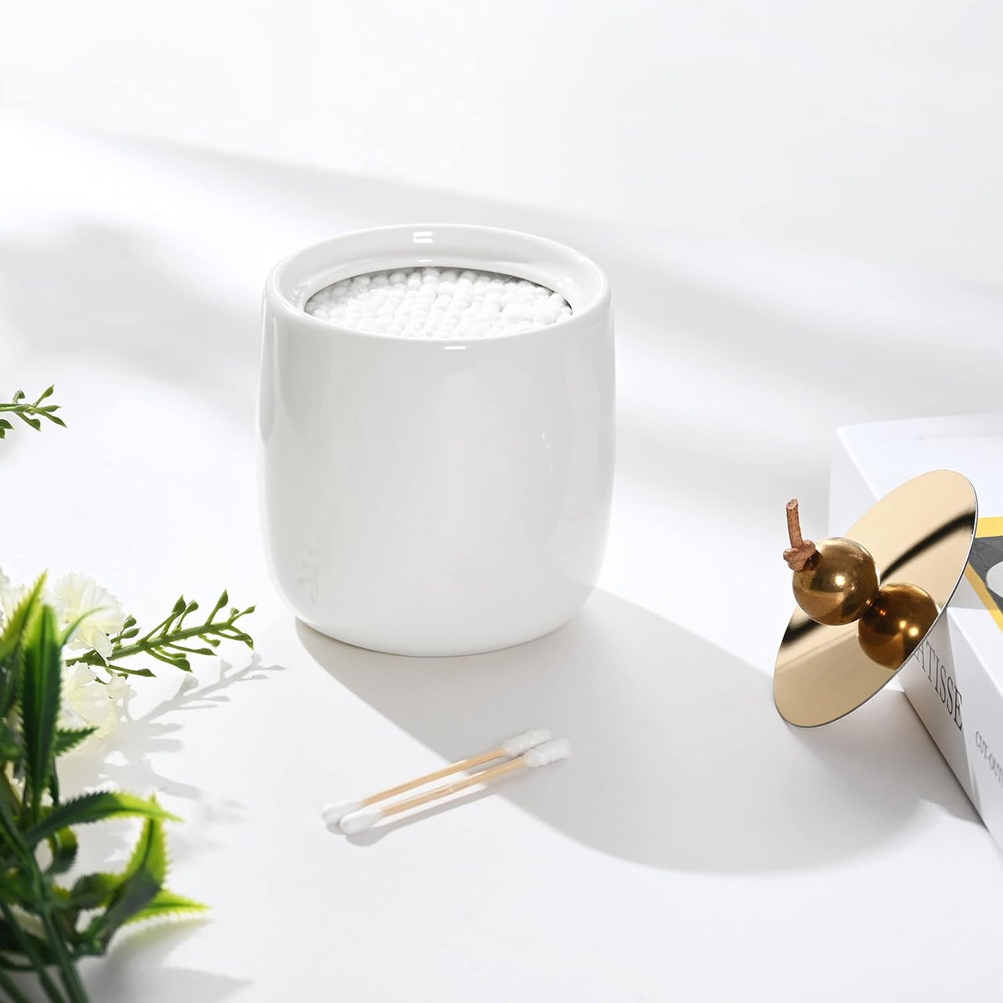 2 Pack Ceramic Qtip Holder Dispenser with Gold Lids, White Apothecary Jars Bathroom Vanity Organizer for Home Decor - Bathroom Canister for Cotton Swabs, Rounds, Balls, Makeup Sponges, Bath Salts-FemmiqueWomen
