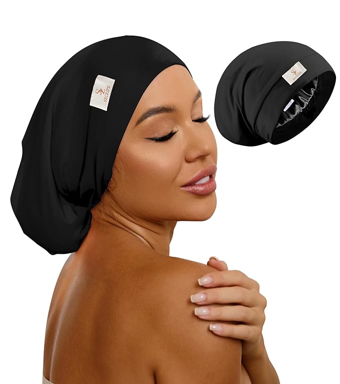 100% Mulberry Silk Bonnet for Sleeping for Curly Hair and Braids, Wrap with Adjustable Strap for Women and Men,Real Silk, Not Satin(1Pc,Black)