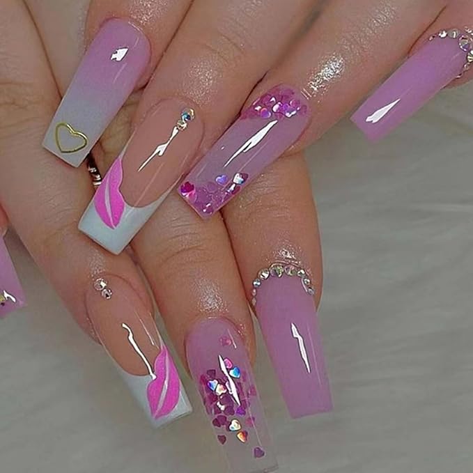 Long Coffin False Nails French Press on Nails Gradient Nails Tips Acrylic Cute Swirl Fake Nails for Women and Girls 24Pcs