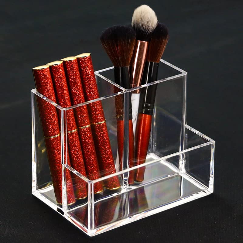 Acrylic Makeup Organizer Cosmetic Storage Makeup Display Case Makeup Brush Holder Lipstick Dispenser Canister Bathroom Container (5.1 x 3.5 x 3.9 in, 3 Partitions, Transparent)-FemmiqueWomen