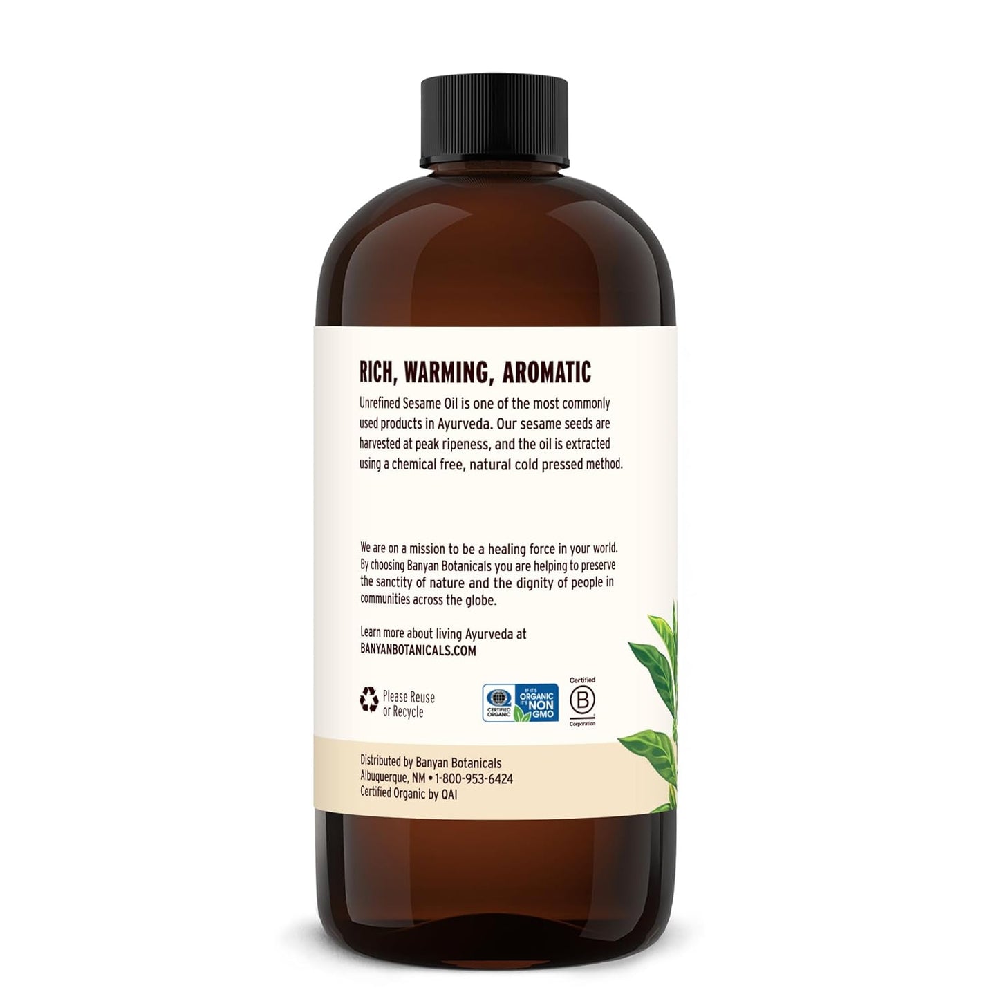 Banyan Botanicals Sesame Oil – Organic & Unrefined Ayurvedic Oil for Skin, Hair, Oil Pulling & More – Multiple Sizes – 16oz. – Non GMO Sustainably Sourced Vegan-FemmiqueWomen